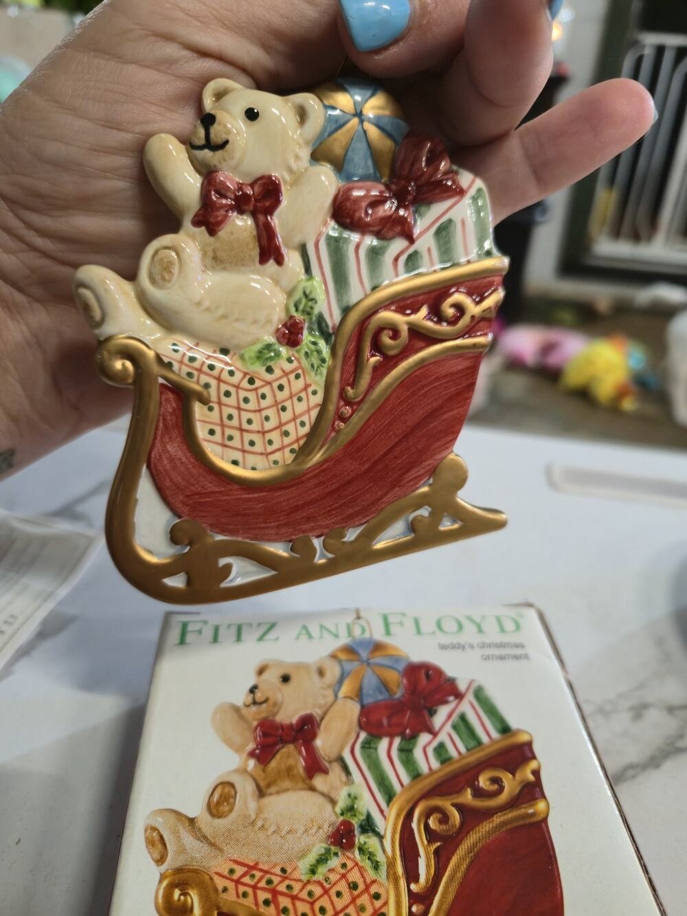 Fitz and Floyd Teddy’s Christmas Sleigh Bear Ornament w Box Handcrafted